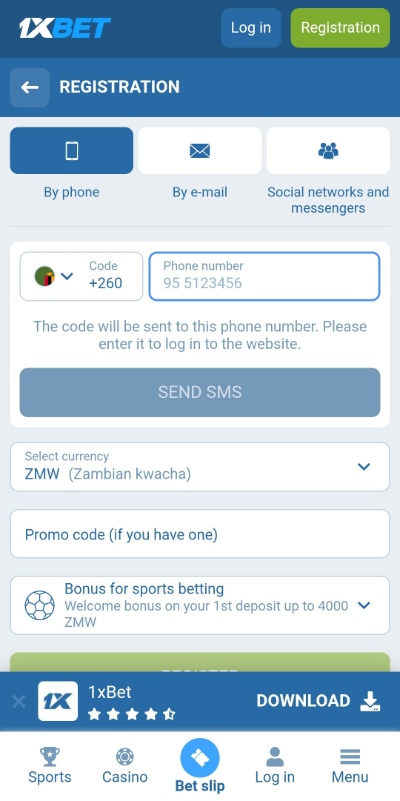 1xBet ZM register