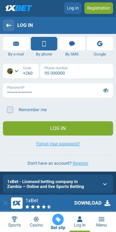 1xBet Zambia login