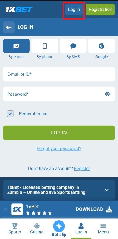 1xBet login Zambia