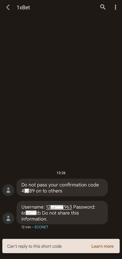 1xBet register SMS Registration