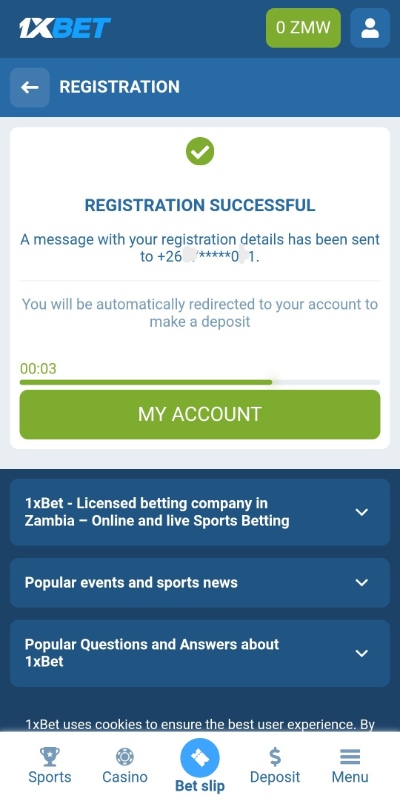 1xBet register success