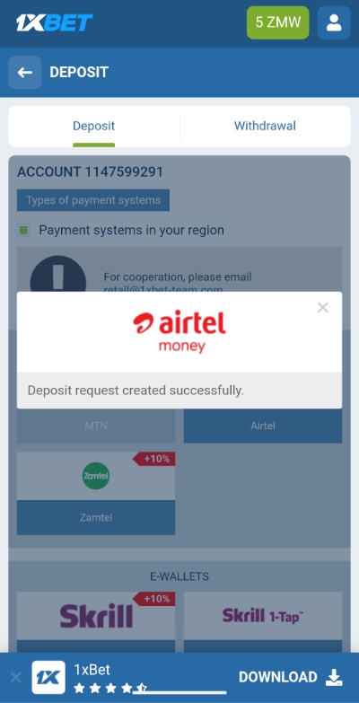 Airtel Deposit on 1xBet Zambia