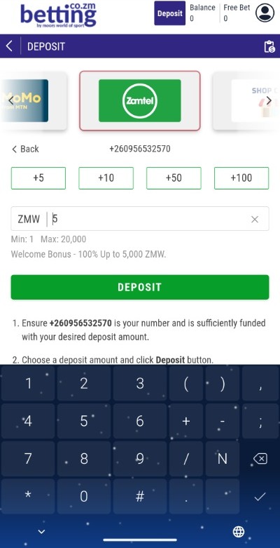 MWOS Zamtel deposit amount