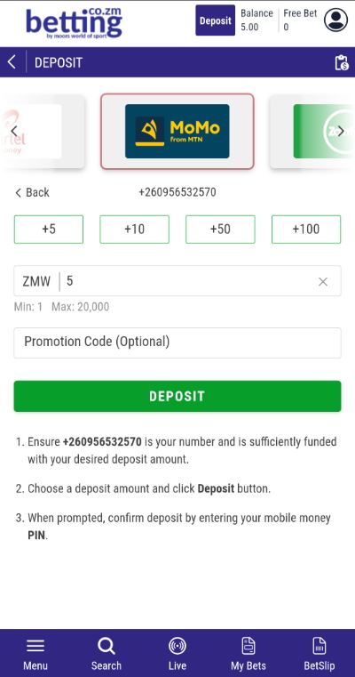 MWOS MTN MoMo Deposit Amount