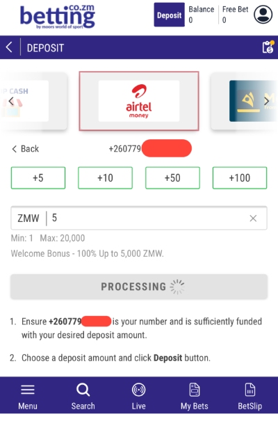 Initiate MWOS Airtel Deposit