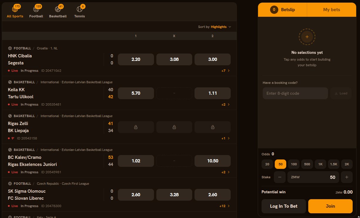 Bandabets live betting page with betslip