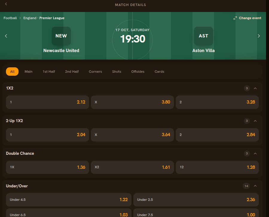 Bandabets match page with 1X2, 2-Up 1X2 and Double Chance markets