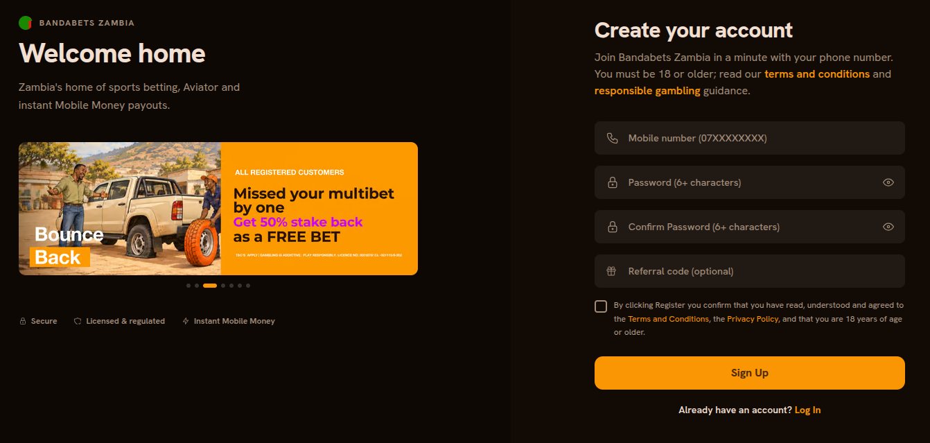Bandabets Create your account form