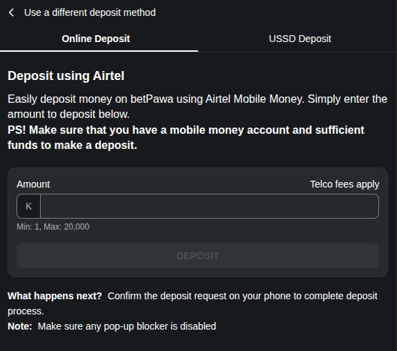 betPawa Airtel deposit form with K1 minimum