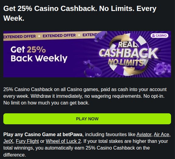 betPawa 25% weekly casino cashback page