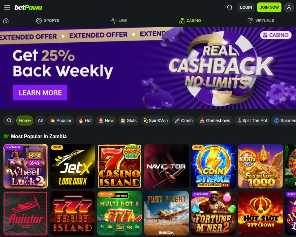 betPawa casino lobby with Aviator, JetX and slots