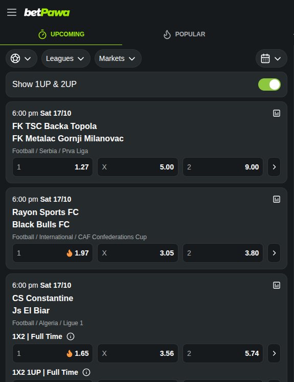 betPawa upcoming football matches with 1X2, 1UP and 2UP odds
