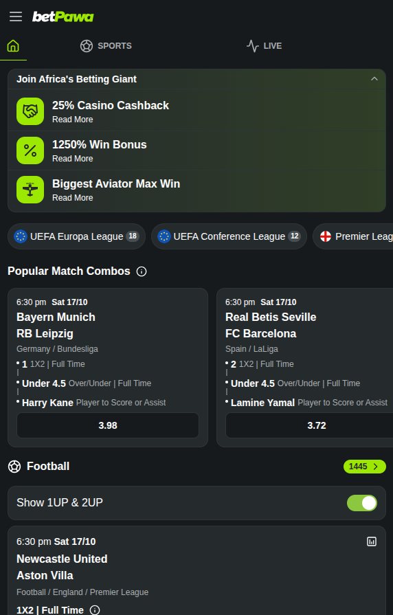 Top of the betPawa homepage with Win Bonus, cashback and Aviator promotions