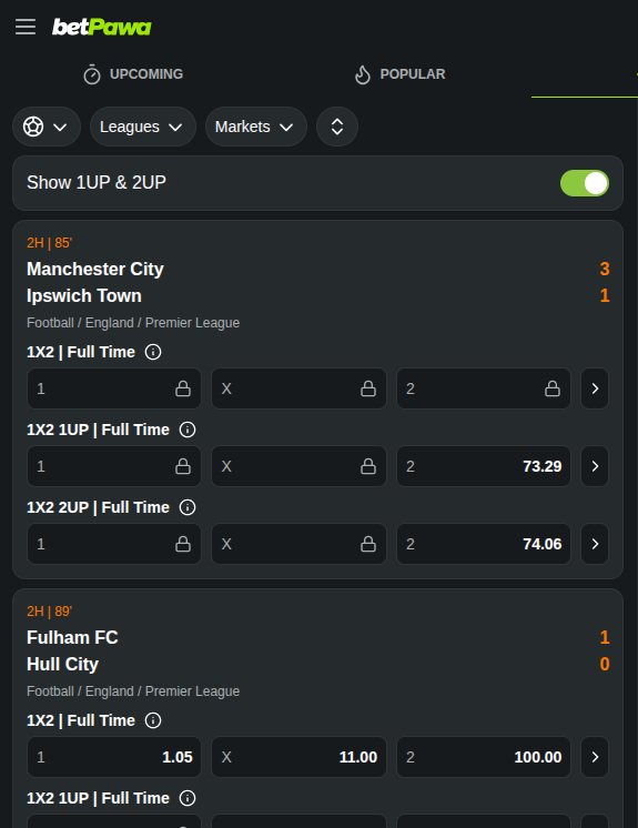 betPawa live betting page with in-play scores and odds