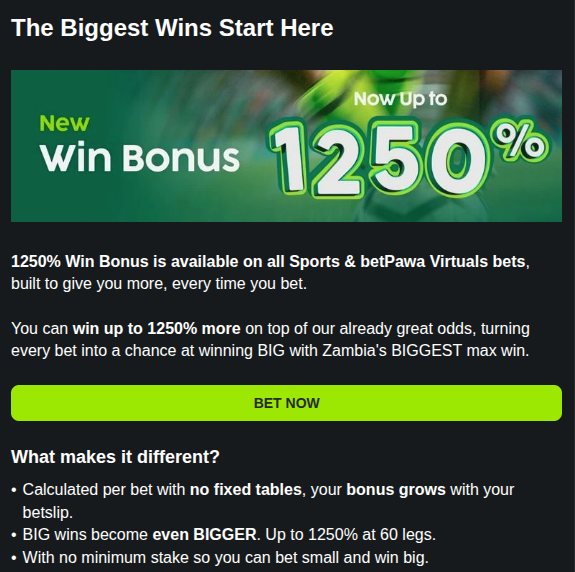 betPawa Win Bonus page showing up to 1250%