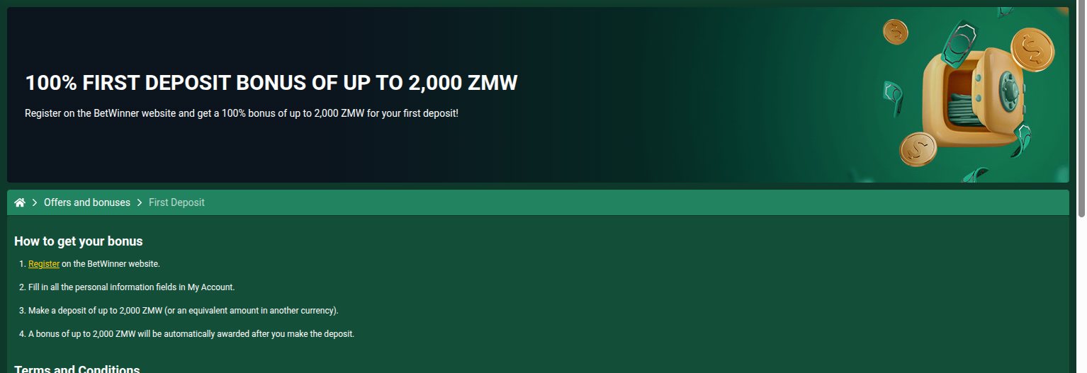 BetWinner 100% first deposit bonus up to 2,000 ZMW