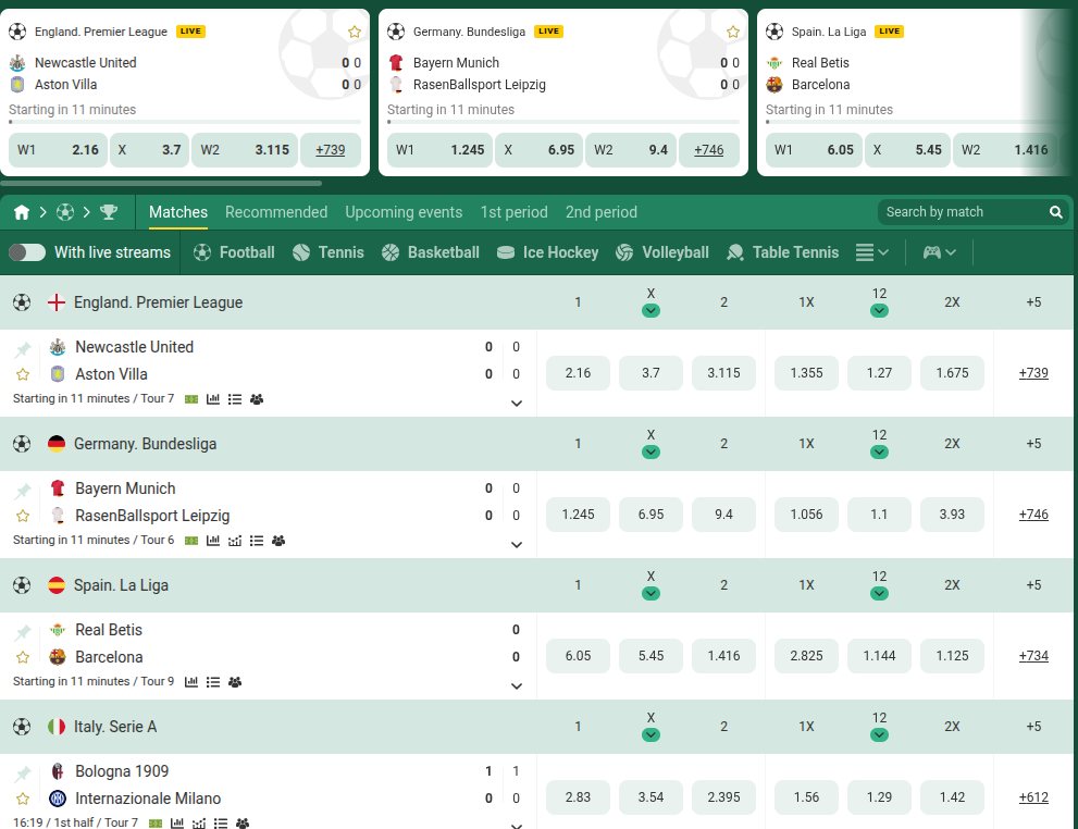 BetWinner live betting page