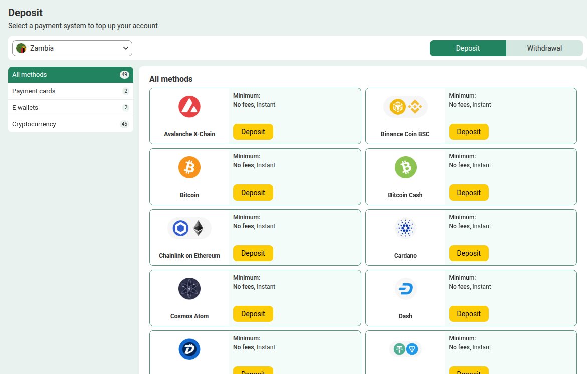 BetWinner payment methods page set to Zambia