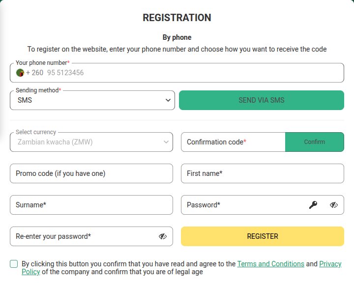 BetWinner registration form with +260 and Zambian kwacha