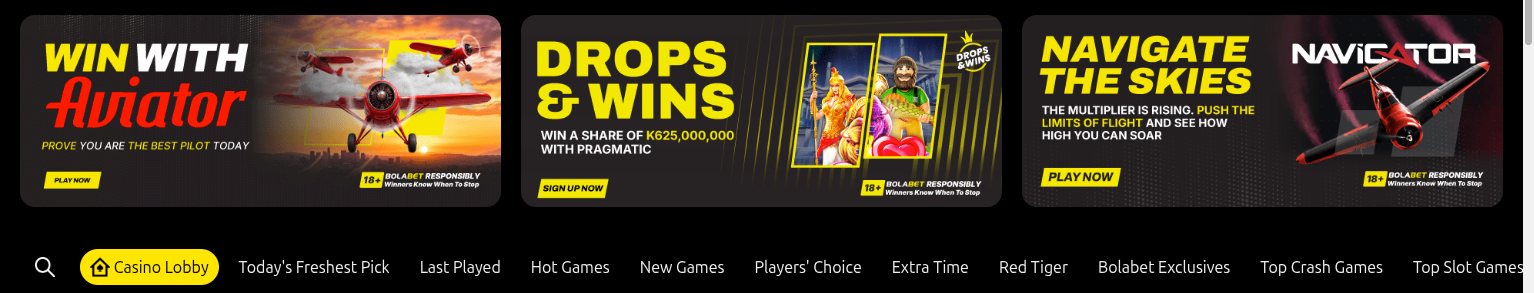 Bolabet casino banners for Aviator, Drops & Wins and Navigator