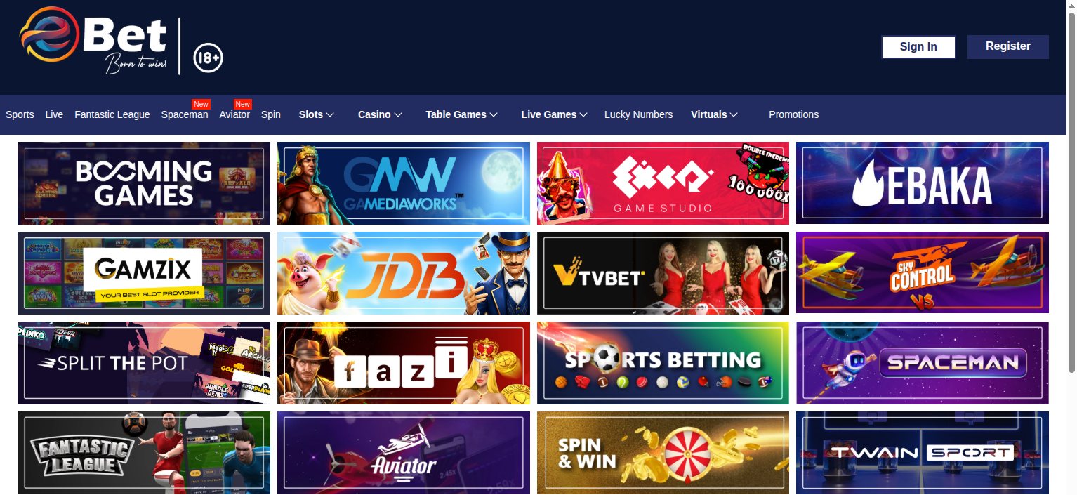 eBet homepage with game provider tiles