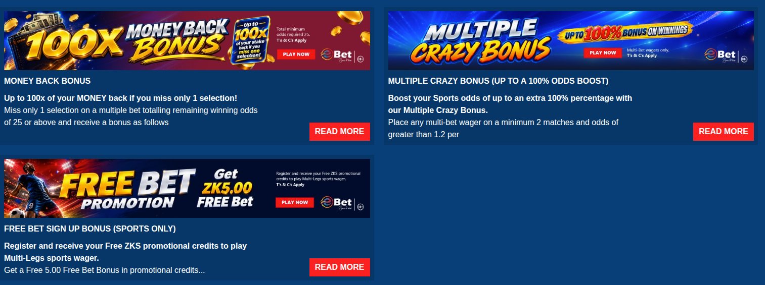 eBet promotions: Money Back Bonus, Multiple Crazy Bonus and K5 free bet