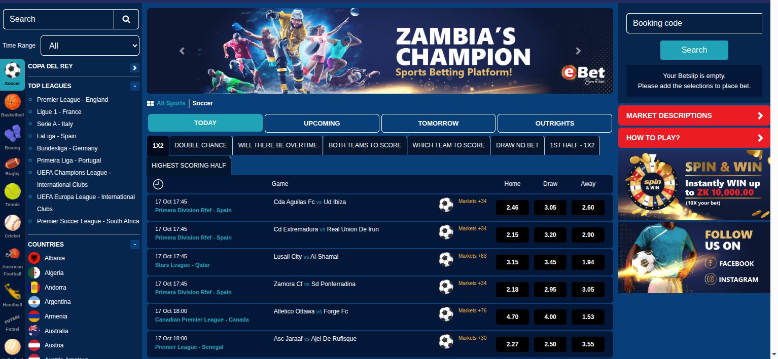 eBet sportsbook with football matches and market tabs
