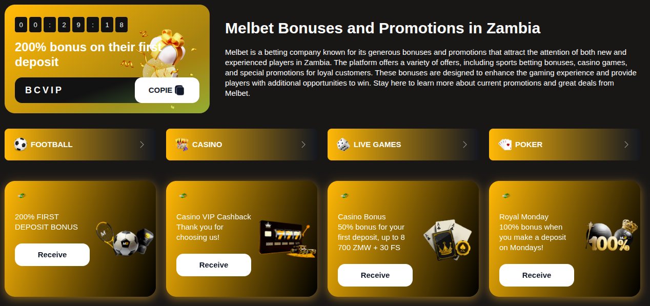 Melbet Zambia bonuses page with 200% first deposit bonus