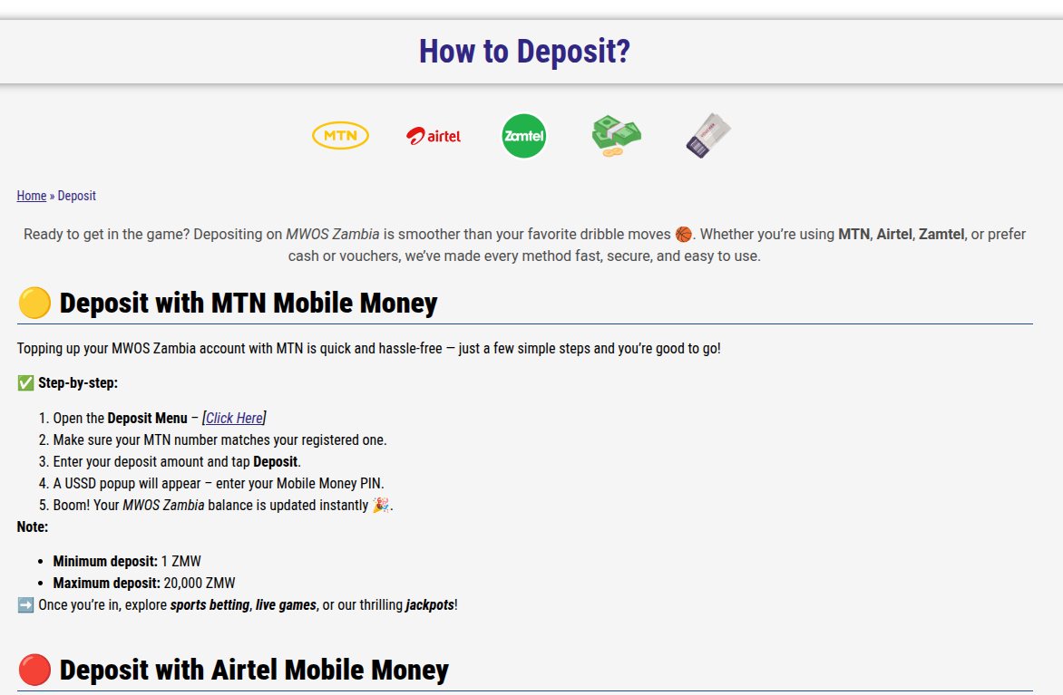 MWOS deposit guide with MTN, Airtel and Zamtel