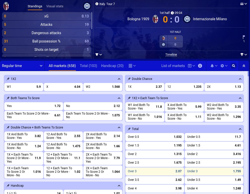 PariPesa match page with 658 markets and live stats